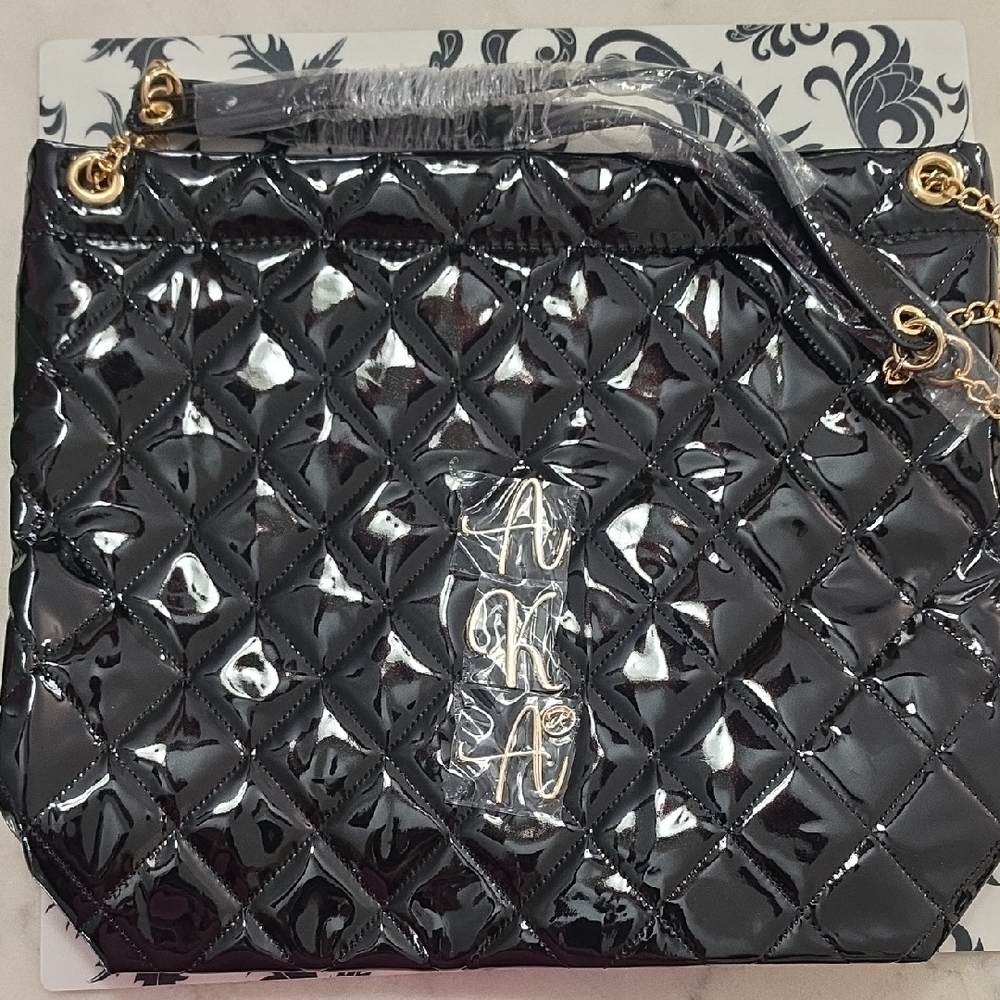 Alpha Kappa Alpha Quilted Patent Shoulder Bag with Gold Chain Accent - Black